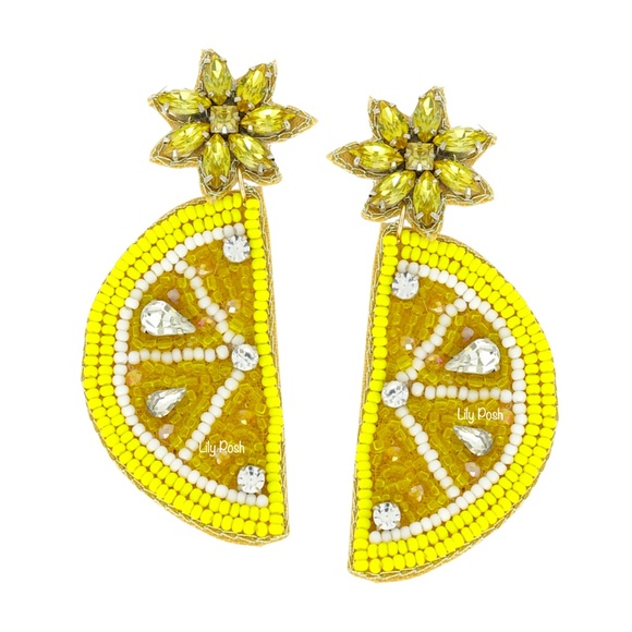 Beaded Lemon Earring, Seed Bead Fruit Earring, Lemon - Picture 1 of 2